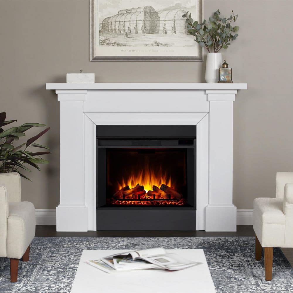 Real Flame Manus Grand 64 in. Freestanding Wooden Electric Fireplace in White (1)