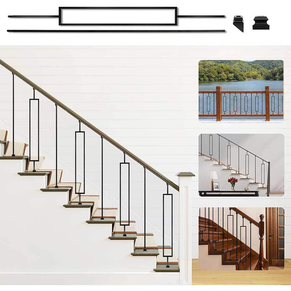 Afoxsos Wrought Iron Balusters 44 x 1/2 Metal Stair Spindles with 32 for Staircases 16-Pack (8 Straight + 8 Rectangle) 3.25" W (2)