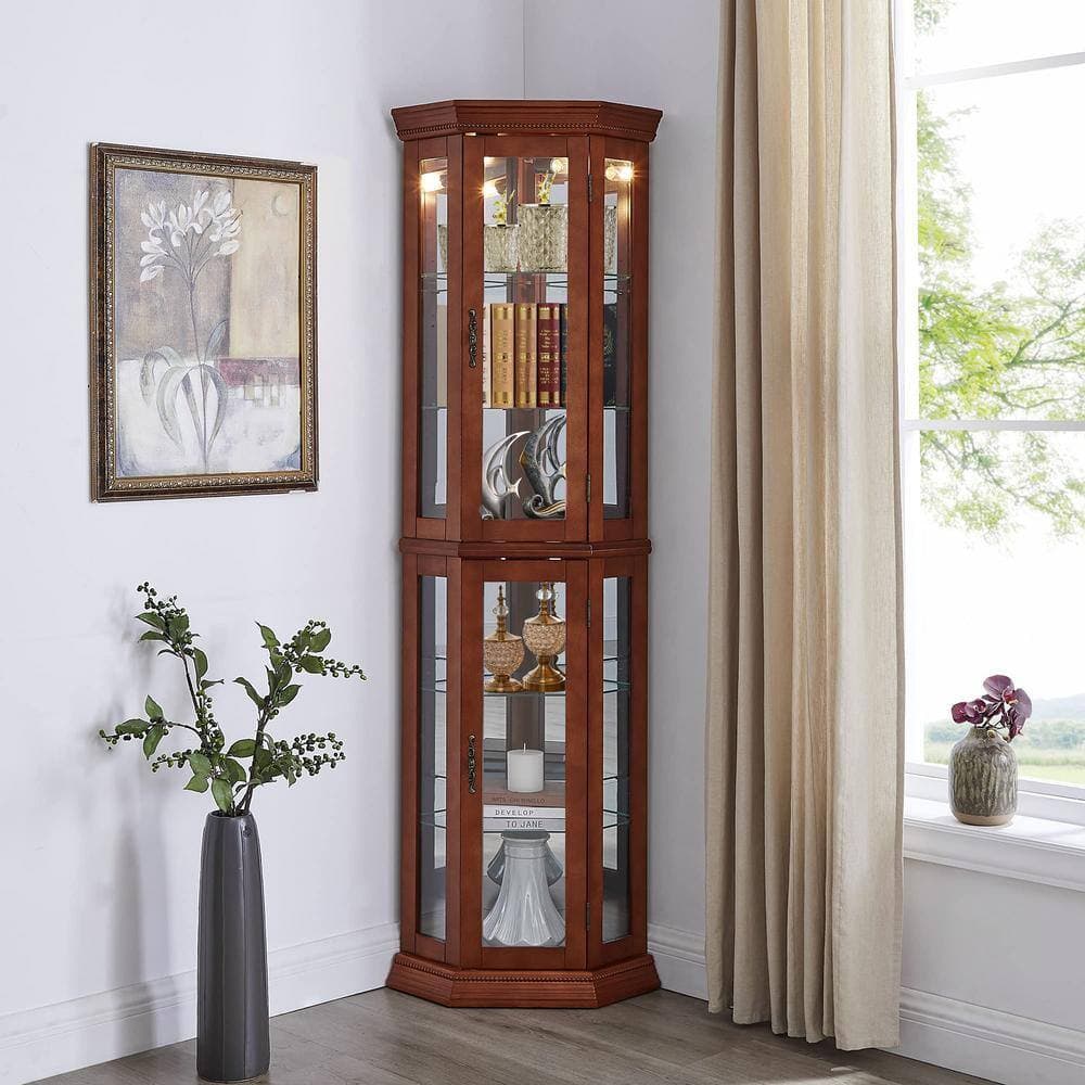 COWLOWN 21.50 in. W x 16.00 in. D x 69.75 in. H Brown Linen Cabinet Curio Cabinet with Lights, Adjustable Tempered Glass Shelves (2)
