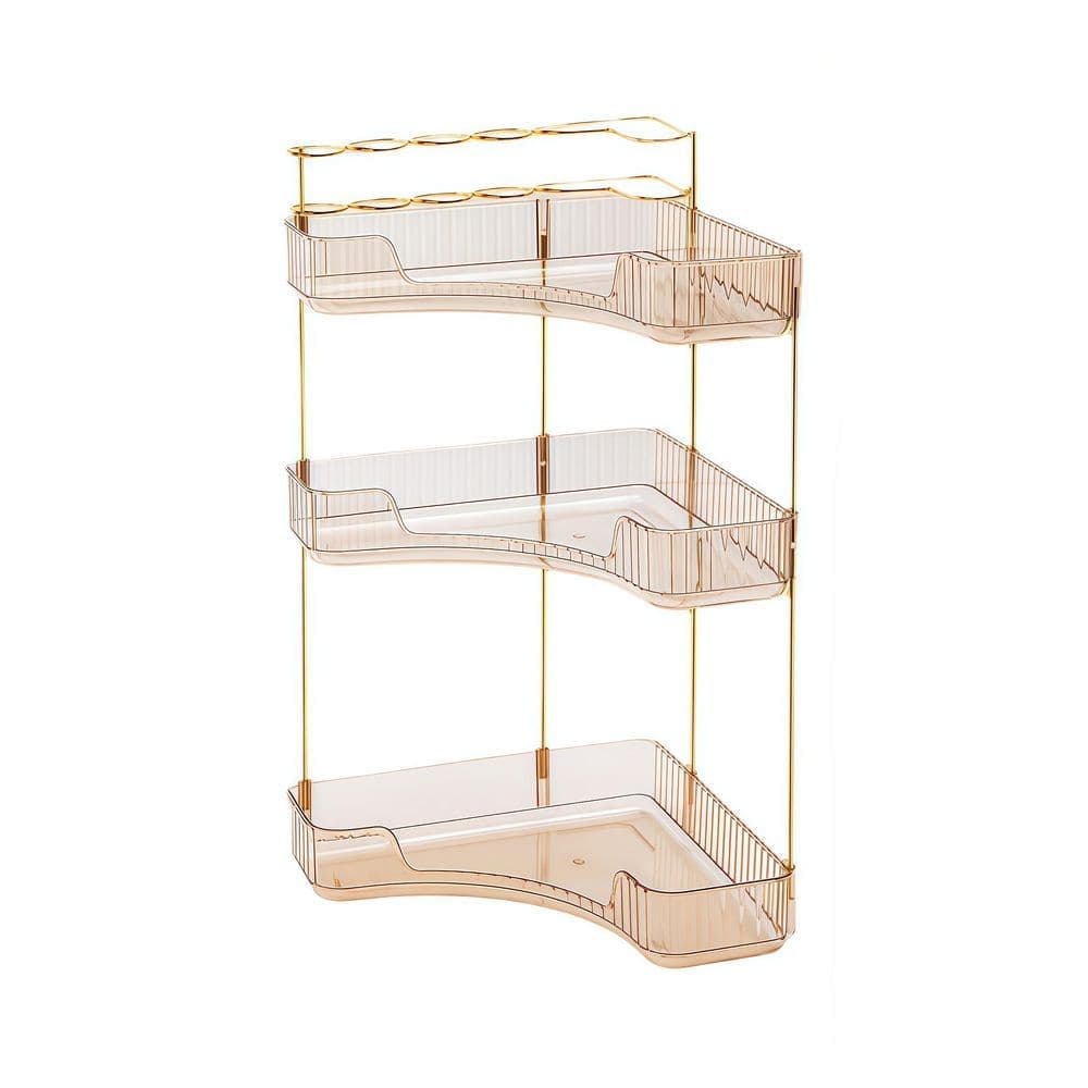 Numhew Amber Gold 3-Tier Makeup Organizer for Vanity, with Makeup Brush Holder, Corner Counter Storage for Bathroom Dresser (1)