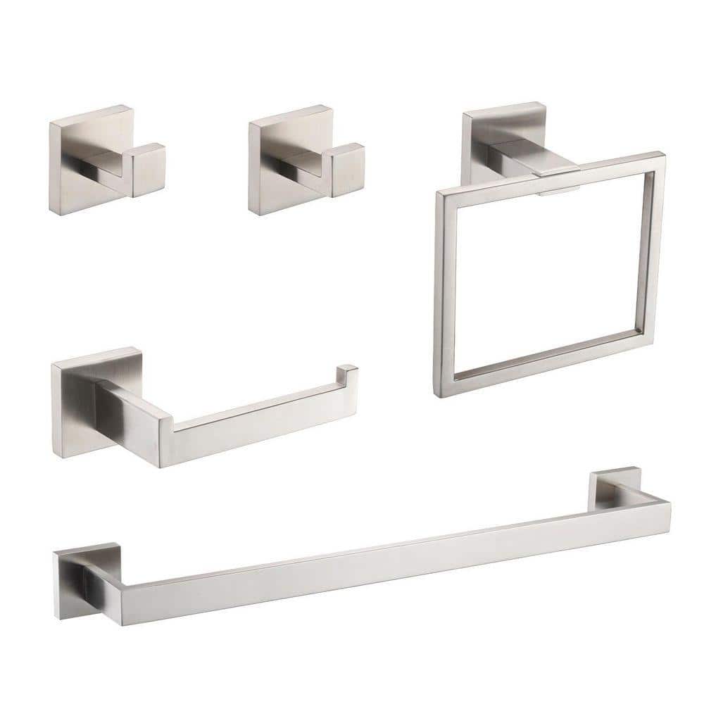 Flynama 5-Piece SUS304 Bathroom Set in Brushed Nickel, Towel Bar, Ring, Hooks, TP Holder (1)