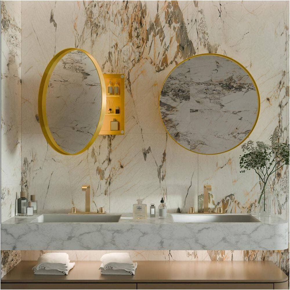 Wudkey 1-Piece 23.6 in. Mount Round Metal Framed Medicine Cabinet Bath Accessory Set with Mirror and Adjustable Shelves in Gold (3)