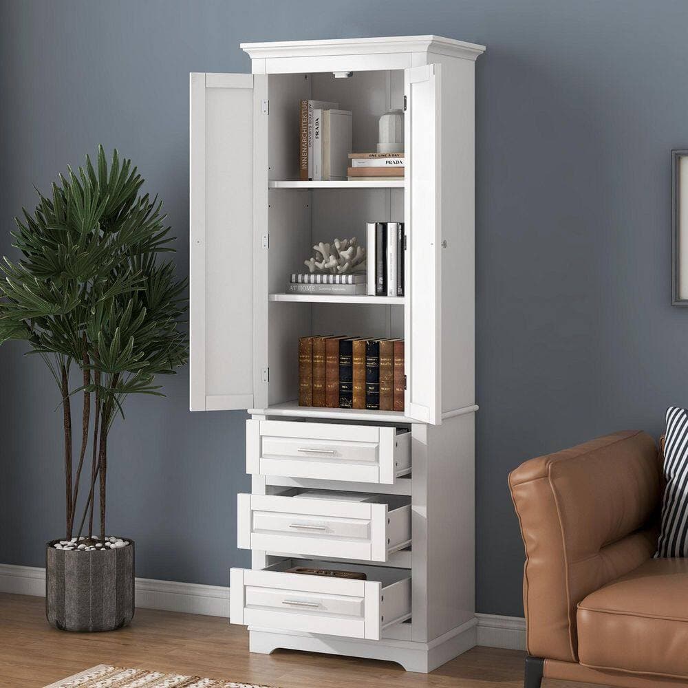 YSQCAR 24 in. W x 16 in. D x 70 in. H White MDF Freestanding Linen Cabinet with Door, Drawer, Adjustable Shelf (3)