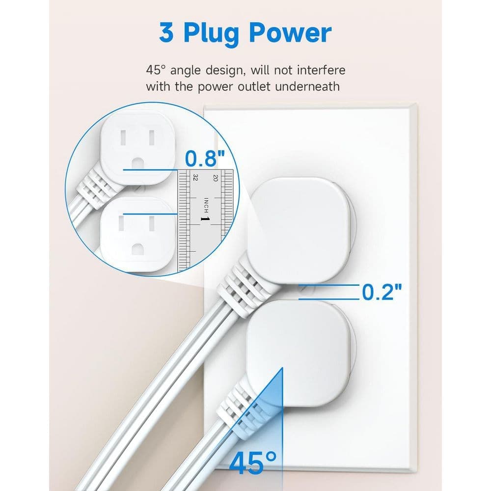 Unbranded 1 ft. 16AWG 3-Conductor SJT Indoor Extension Cord with Right Angle Flat Plug, White, Low Profile, 13A 1625W, 2 Pack (3)