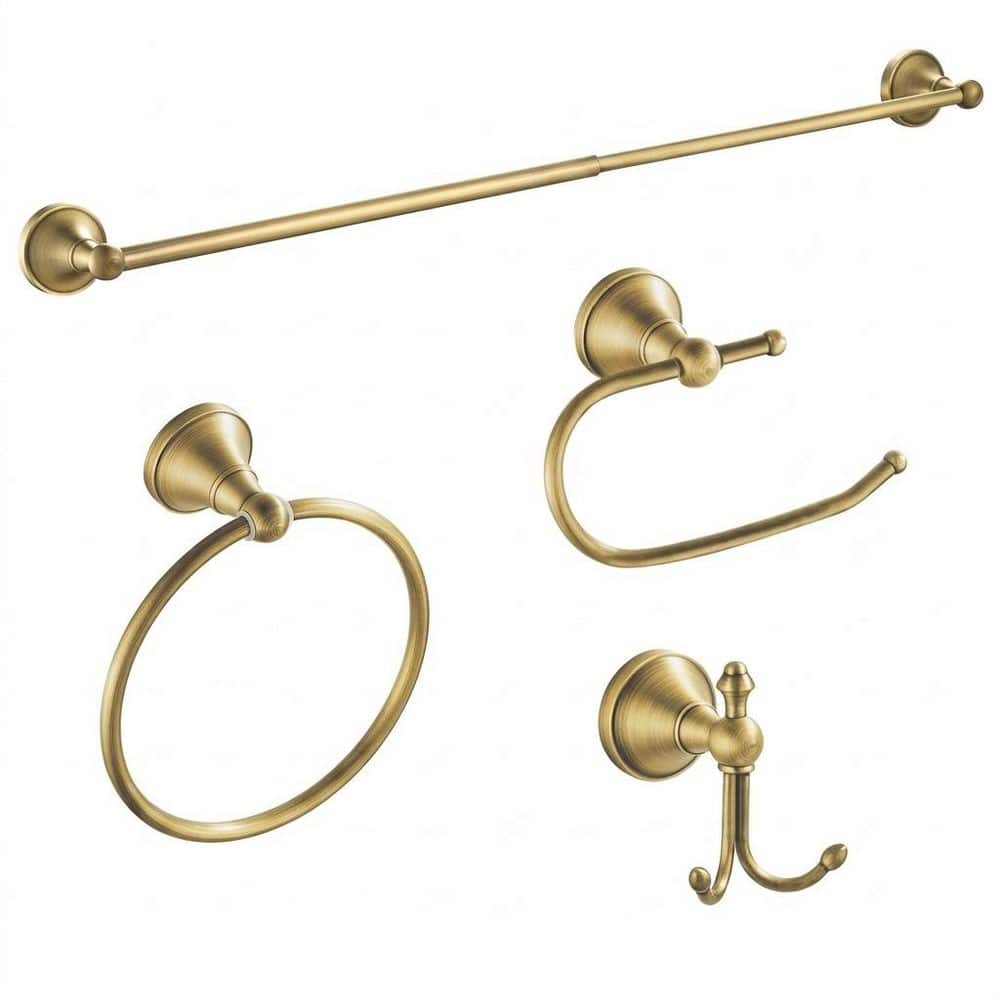 Unbranded 4-Piece Brushed Brass Solid Brass Wall-Mounted Adjustable Bathroom 22.4 in. Towel Bar Hardware Fixture Set Kit (1)
