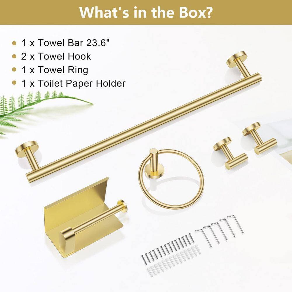 KHKFY 5-Piece Brushed Gold Stainless Steel Bathroom Hardware Set with 23.6 in Towel Bar and Toilet Paper Holder (2)
