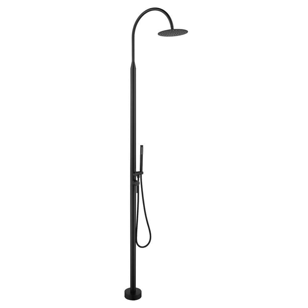Tomfaucet 2-Handle 2-Spray Outdoor Freestanding Shower Faucet Kit 1.8 GPM Floor Mount Shower Kit w/ Hand Shower in Matte Black