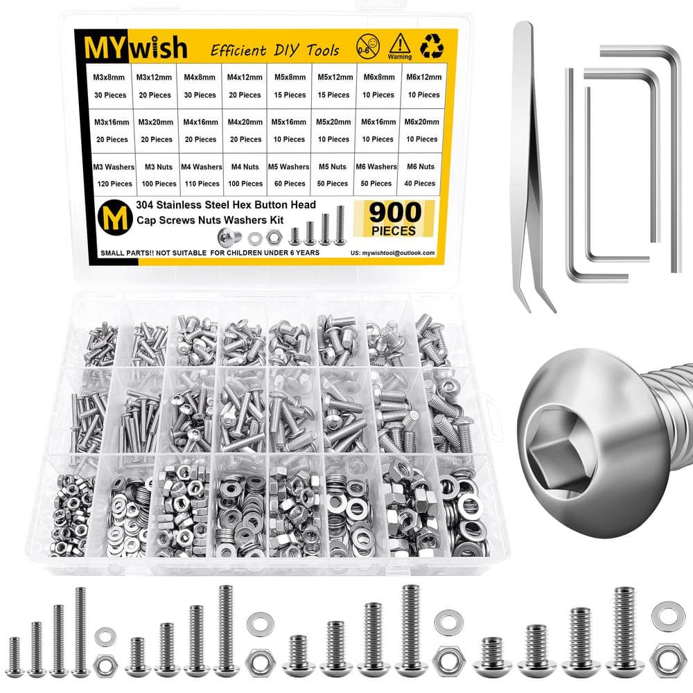 MYWISH 900-Piece Stainless Steel Button Head Hex Socket Screw Kit-M3, M4, M5, M6 Assortment with Nuts and Washers (1)
