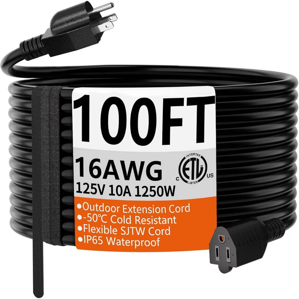 Lukyamzn 100 ft. 16/3 1250 Watt Indoor Outdoor Waterproof Extension Cord with 3 Prong Grounded Outlet Black (1)