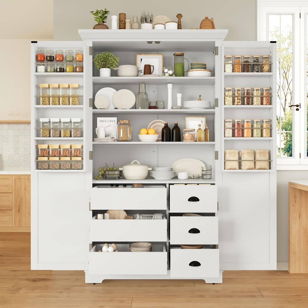 COWLOWN 42 in. W 20 in. D 72 in. H Linen Cabinet Kitchen Pantry with Drawers, Adjustable Shelves and Pull-Out Trays