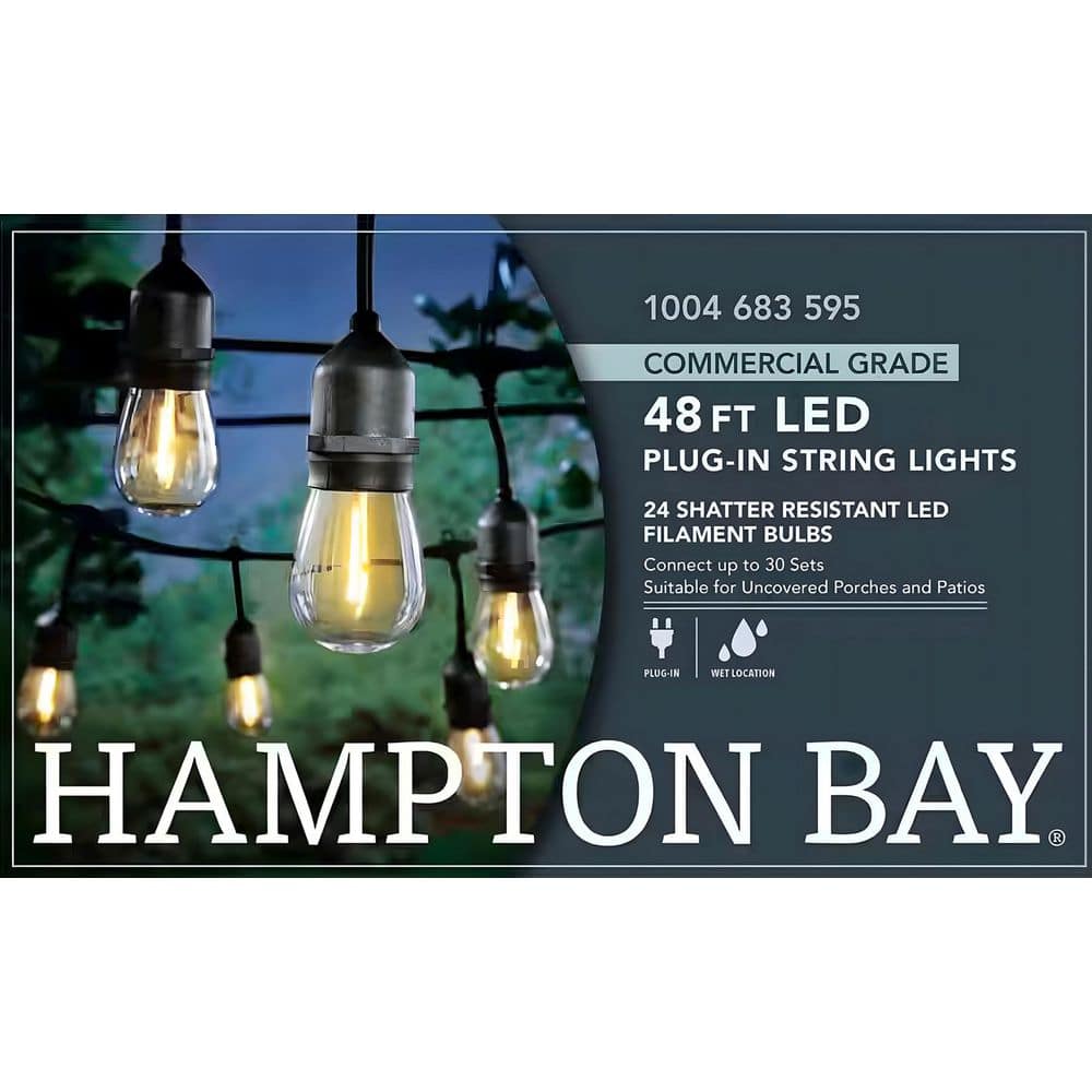 Hampton Bay 24-Light 48 ft. Indoor/Outdoor Plug-In Filament LED S14 Edison Bulb String-Light (3)