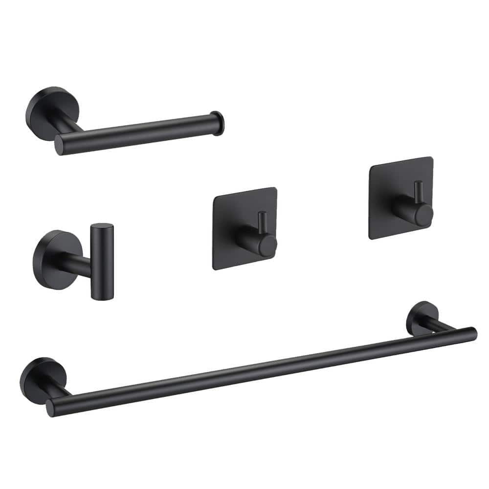 ehablix Bathroom Hardware 5-Pieces Bath Hardware Set with Towel Bar, Robe Hook, Toilet Paper Holder in Matte Black (1)