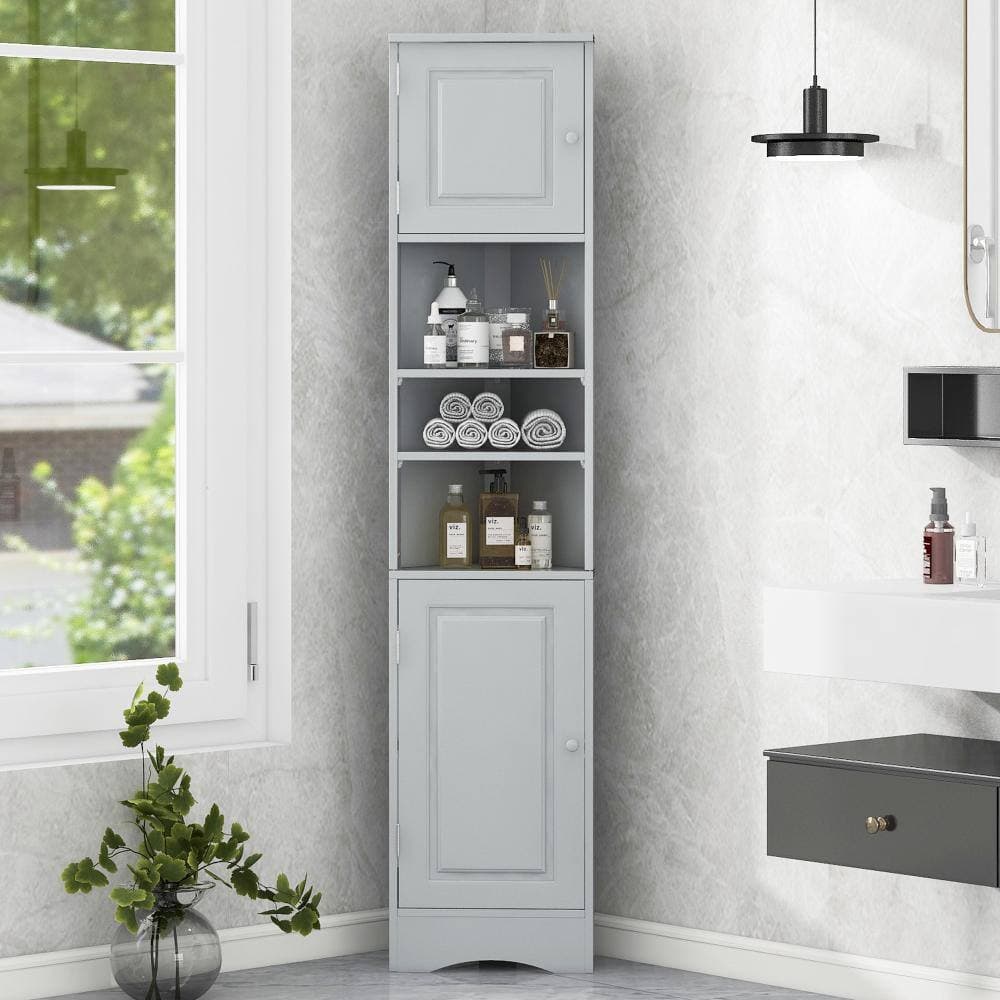Staykiwi 14.6 in. W x 9.4 in. D x 66.9 in. H Gray Multi-Functional Corner Cabinet Tall Bathroom Storage Cabinet with Two Doors (2)
