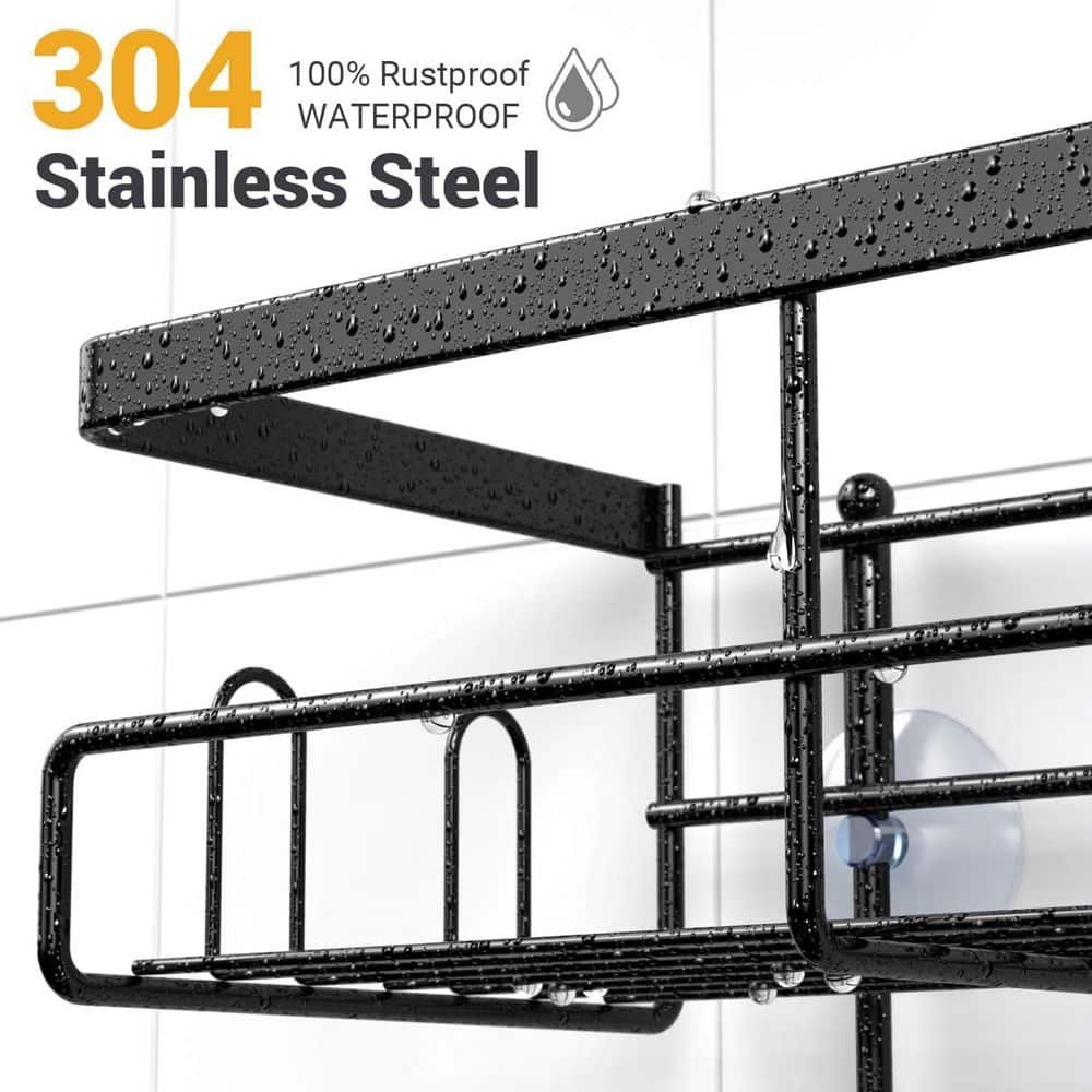 Anqtovp Hanging Mount Strong Suction Rustproof 2-Tier Shower Caddy with Hooks and Soap Dishes in Black Finish (3)