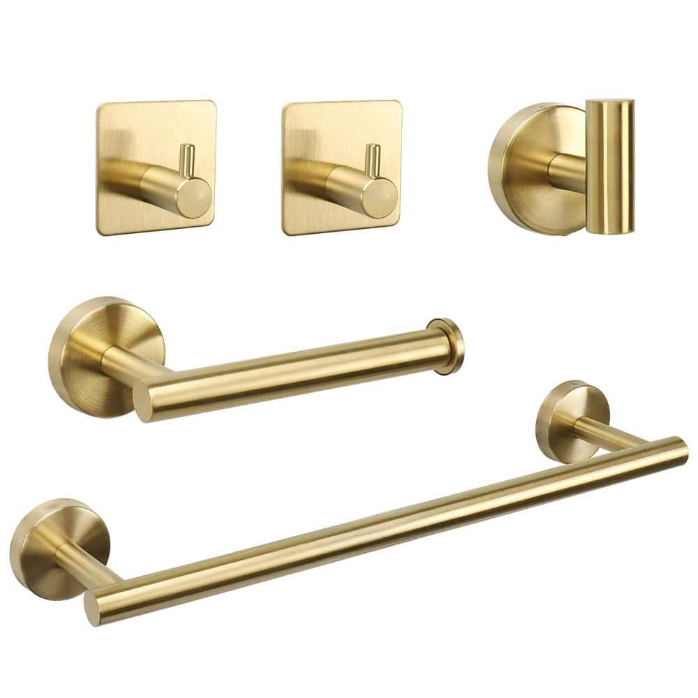 Whatseaso 5-Piece Bathroom Hardware Set with 24-inch Towel Bar, Holder and Hooks in Brushed Gold (1)