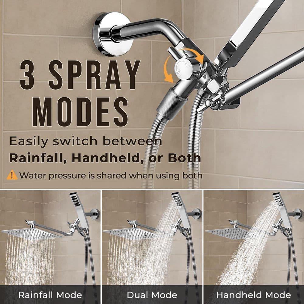Numhew 8 in. 6-Piece Metal Shower Headset, Rainfall Head, Handheld Wand, Extension Arm, Diverter, Mounting Hardware, in Chrome (3)