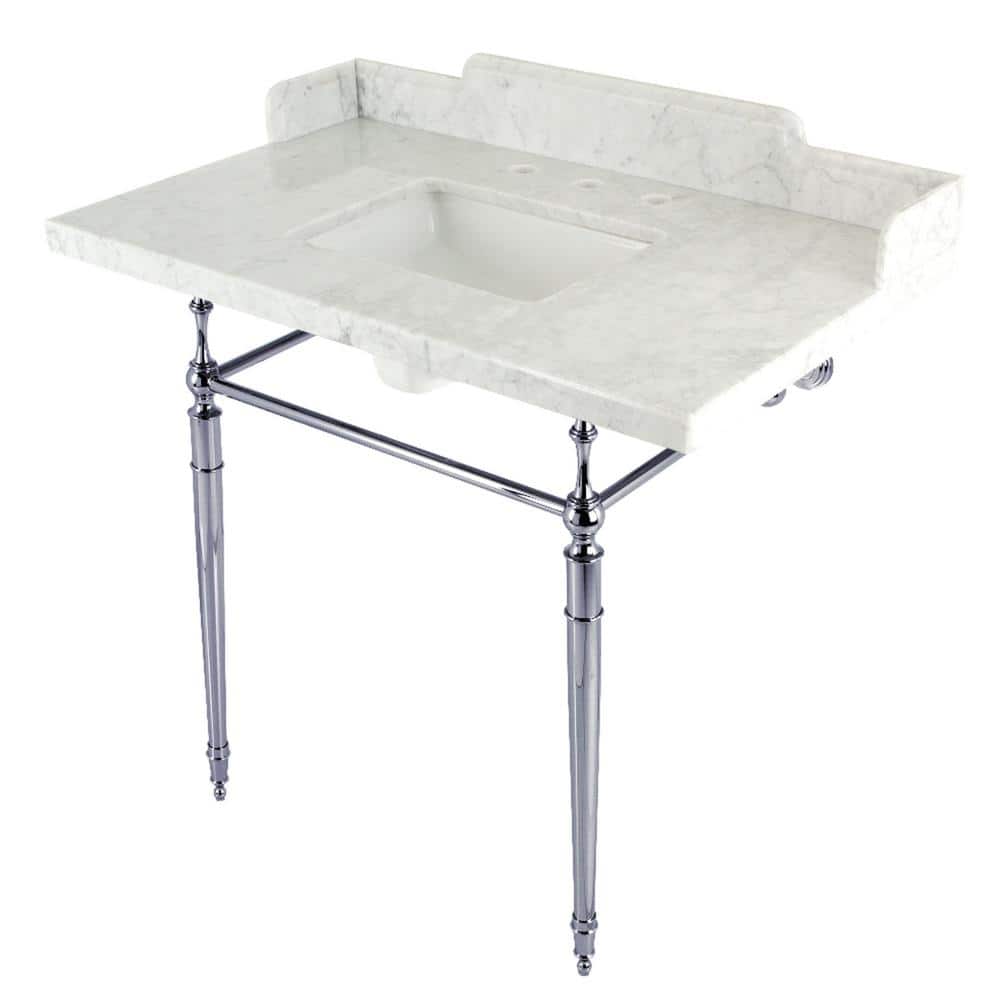 Kingston Brass Fauceture 36 in. Marble Console Sink Set with Brass Legs in Marble White/Polished Chrome (1)
