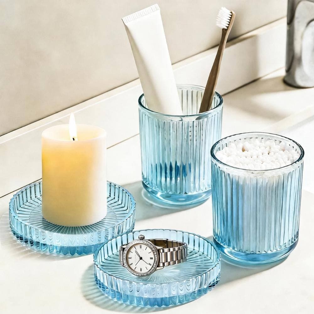 Unbranded Glass Qtip Dispenser 2 Pack Clear Bathroom Storage Jar for Cotton Swabs Pads Floss Picks Vanity Blue (2)