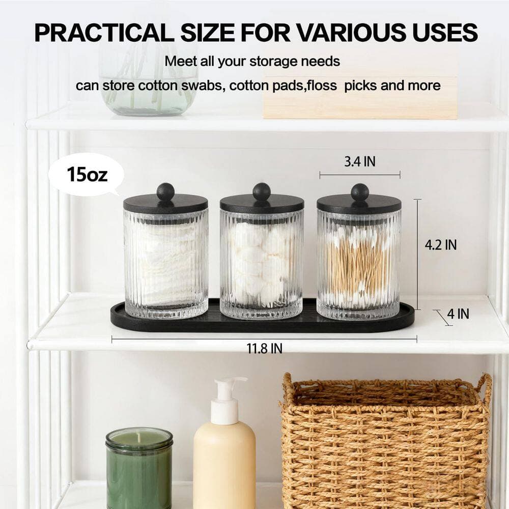 KHKFY 3-Pack Glass Apothecary Bathroom Storage Jars with Black Bamboo Lids and Waterproof Tray for Cotton Swabs (3)