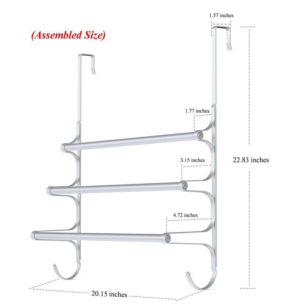 Wudkey 20.15 in. 3-Bar Over The Door Towel Rack in Silver for Bathroom Door, Triple Towel Storage Holder with Hooks (2)