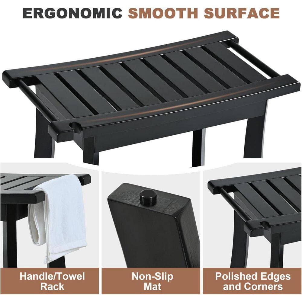 Anqtovp Bamboo Series 23.62 in. W Freestanding Storage Shelf, Waterproof, Heavy Duty Shower Bench Seat Black Finish (3)