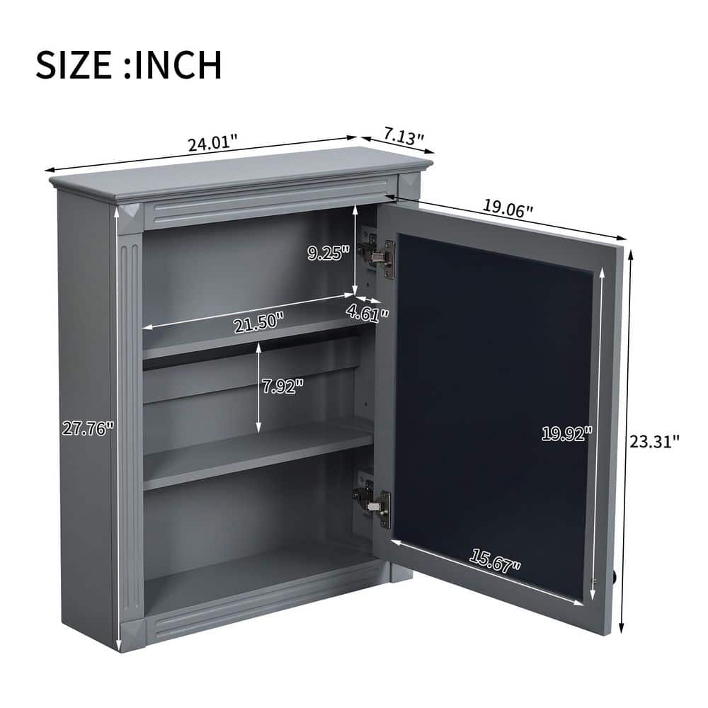 cadeninc 24.01 in. W x 7.13 in. D x 27.76 in. H Gray Bathroom Wall Cabinet with Mirror Doors and Height Adjustable Shelf (2)