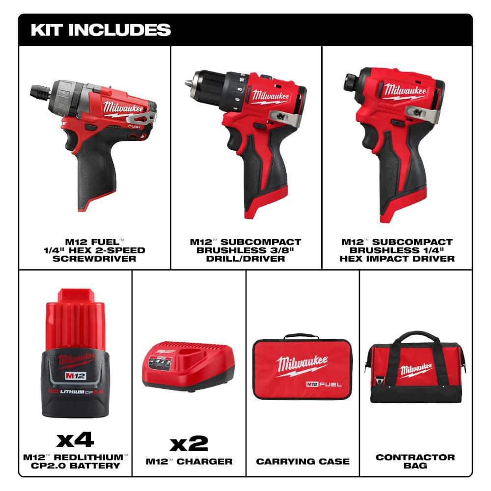 Milwaukee M12 FUEL 12V Lithium-Ion Brushless Cordless 1/4 in. HexScrewdriver Kit W/(4) Batteries,&Drill Impact Driver Kit (2)