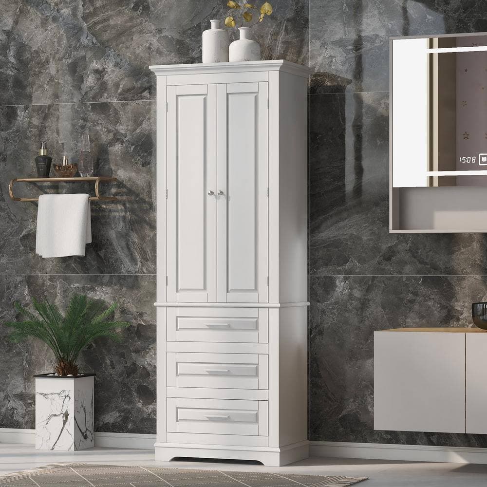 Unbranded 24 in. W x 15.7 in. D x 70 in. H Bathroom Freestanding Linen Cabinet with 3-Drawers in White (2)