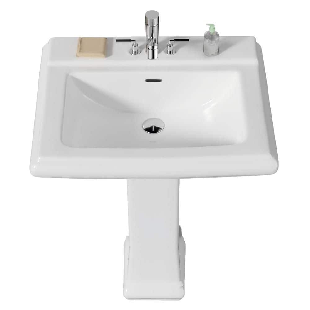 Kuomih 26.2 in. W x 19.5 in. D Pedestal Bathroom Sink Elegant White Rectangular Vitreou China Sink w/Overflow and 3 Faucet Hole