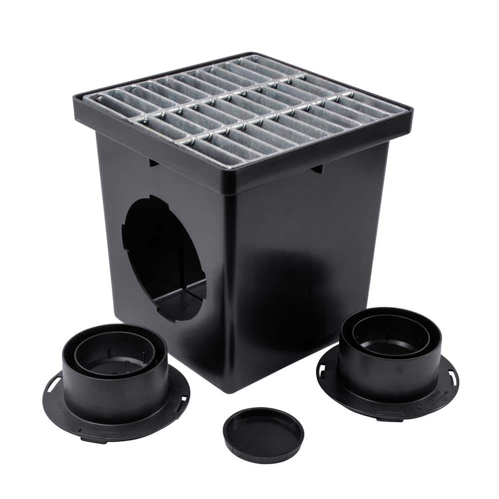 NDS 12 in. Square Catch Basin Drain Kit with 2-Opening Catch Basin Steel Grate 2-Outlet Adapters 1-Outlet Plug (2)