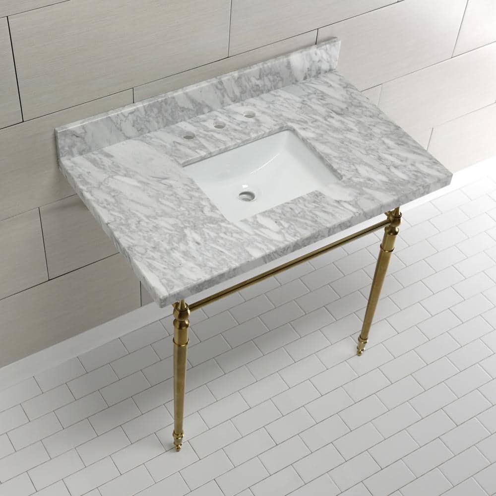 Kingston Brass Edwardian Marble White Console Sink Basin and Leg Combo in Brushed Brass (3)