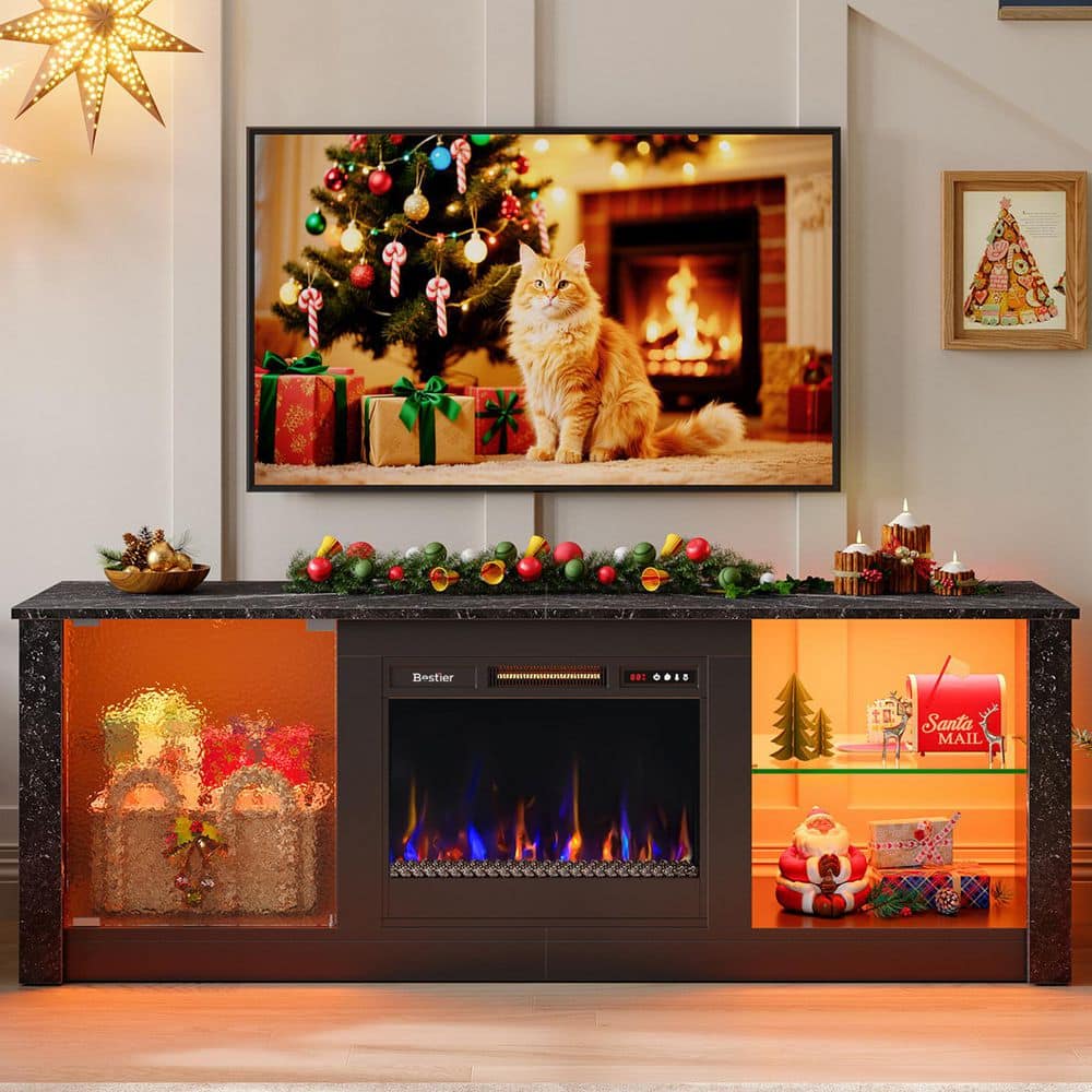Bestier 63 in. Freestanding Electric Fireplace TV Stand Media Console Fits TVs Up to 70 in. with Cabinet in Black Marble (2)