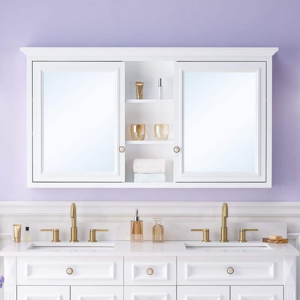 WELLFOR Harmony 55 in. W x 30 in. H Rectangular Solid Wood Surface Mount Medicine Cabinet with Mirror (1)