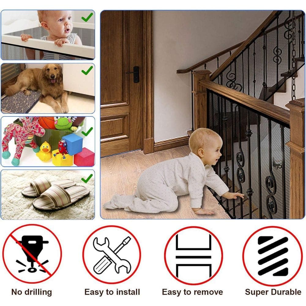 Afoxsos 2 Sets Baby Gate Stair Banister Guard for Kids Pets Toys Mesh Netting Safety Net 18 ft x 2.6 ft Black (3)