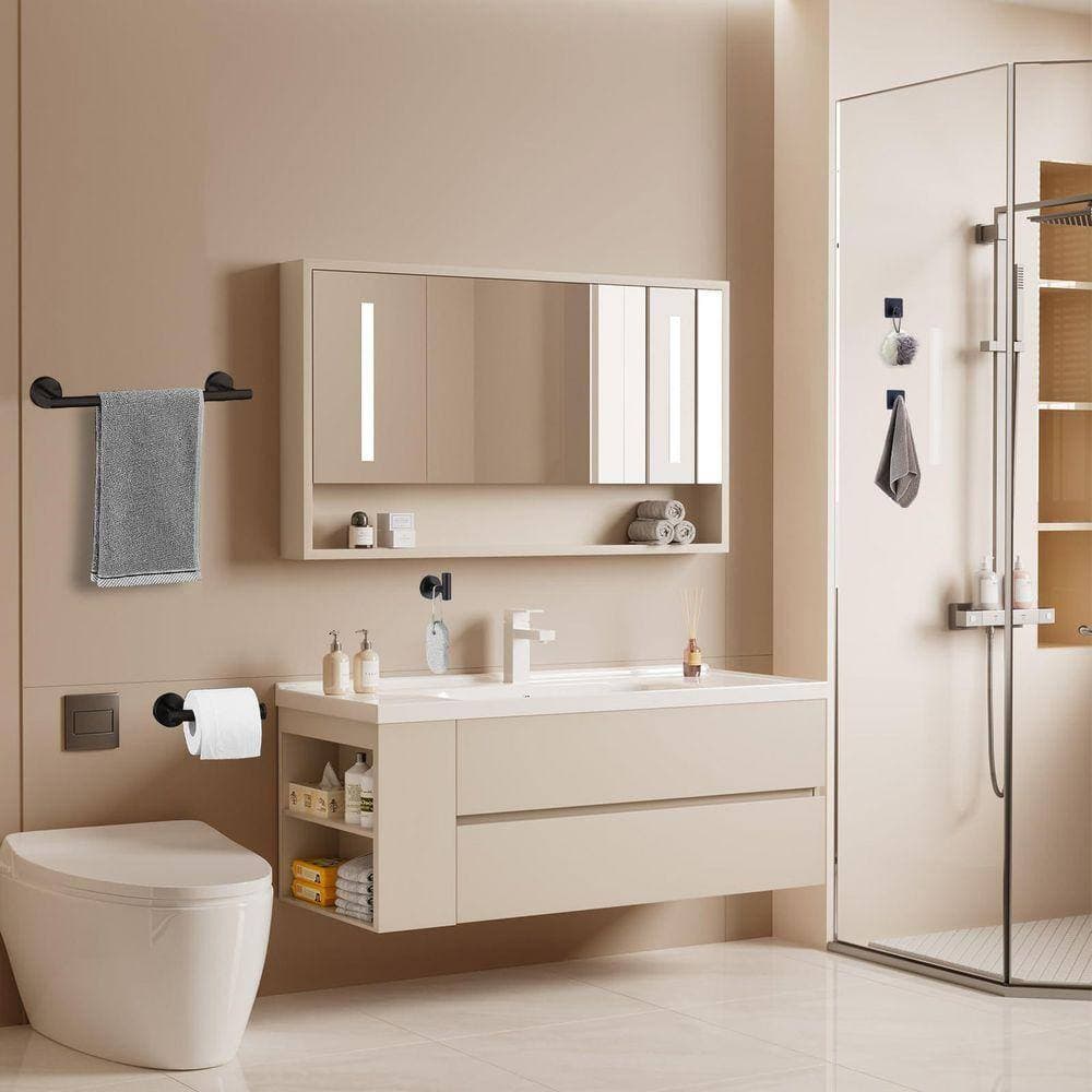 JFVKAF 5-Piece Bathroom Hardware Set with Towel Bar, Toilet Paper Holder, 3 Robe Hooks in Matte Black (2)