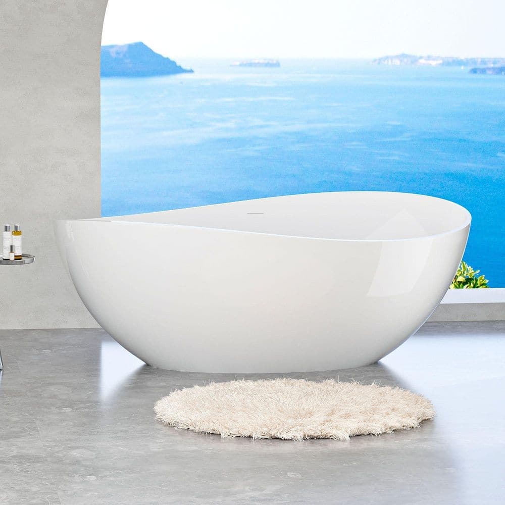 WELLFOR 63 in. x 38 in. Contemporary Solid Surface Freestanding Soaking Bathtub in Gloss White with Overflow and Pop-up Drain (1)