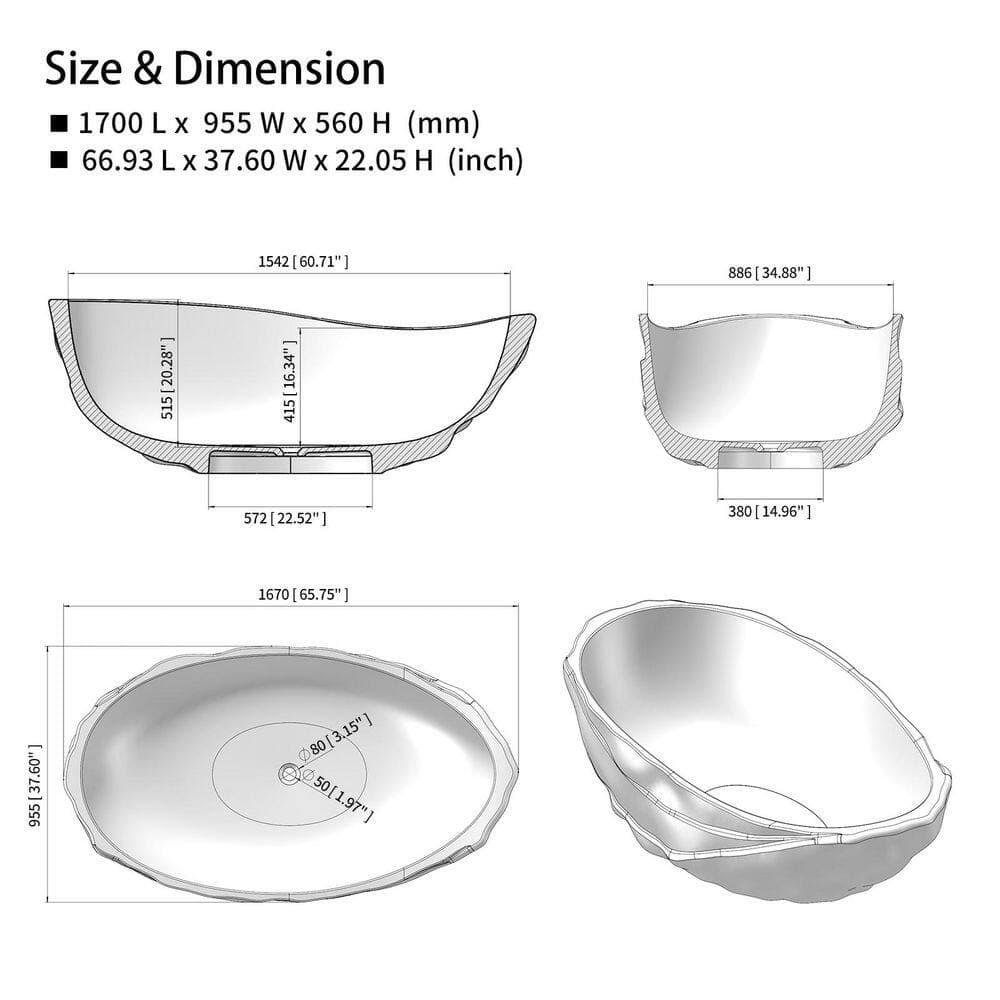 ACE DECOR 67 in. 37.6 in. Transparent Resin Freestanding Bath Tub, Oval Stand Soaking Bathtub with Center Drain (2)
