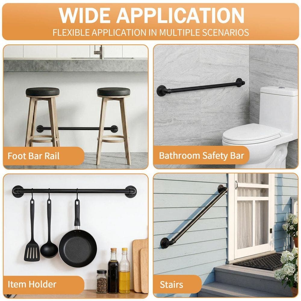 Karl home 36 in. x 3 in. Black Iron Handrail Grab Bar Kit Wall Mounted Pipe StairHandrail (3)