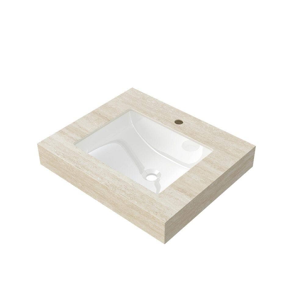 LUXSHERY 24"Beige Sintered Stone Countertop with Undermount Ceramic Basin and One Pre-drilled Faucet Holes, No Cabinet, Faucet (1)