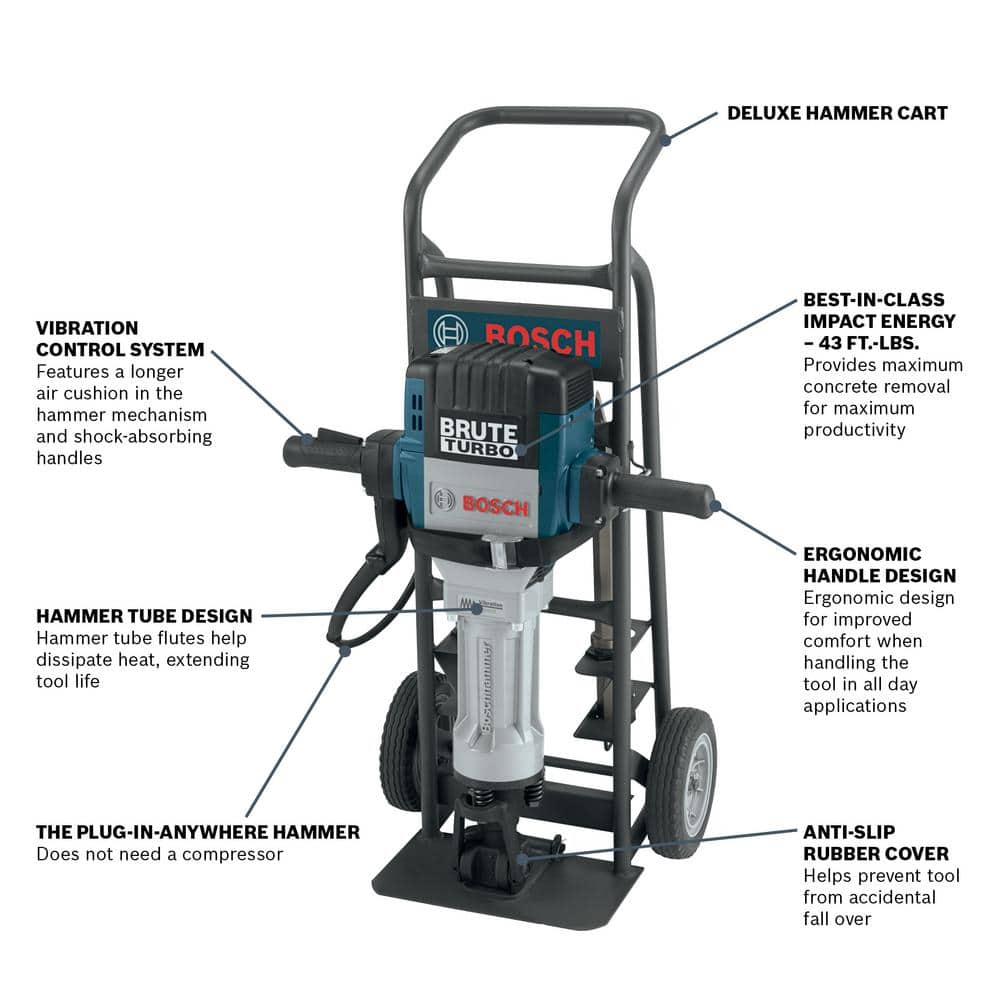 Bosch Brute Turbo 15 Amp 1-1/8 in. Corded Concrete/Masonry Variable Speed Electric Hex Breaker Hammer Kit w/ Cart & 4 Chisels (4)