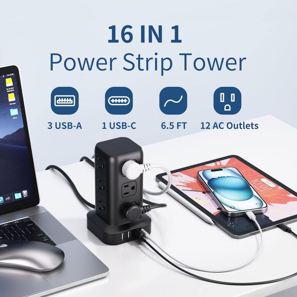 Unbranded 6.5 ft. Cord 12-Outlet 3 USB-A Ports 1 USB-C Port Surge Protector with Overload Lightning Protection (2)