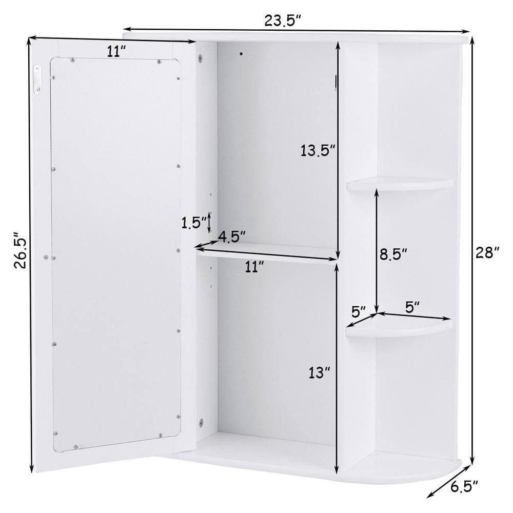 Gymax 23.5 in. W Bathroom Cabinet Single Door Shelves Mount Wall Cabinet with Mirror White (3)