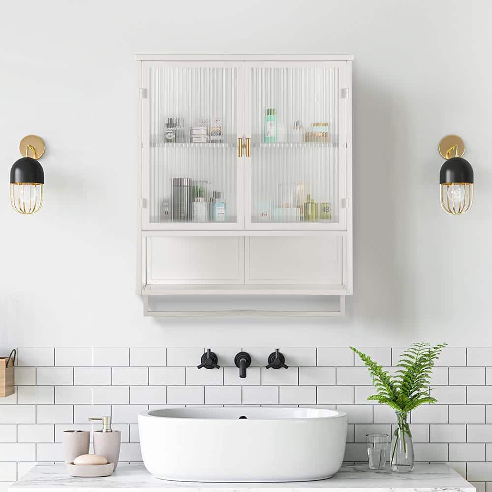Zeus & Ruta 23.62 in. W x 9.06 in. D x 30.71 in. H Bathroom Storage Wall Cabinet in White with Double Glass Door and Towel Rack (3)