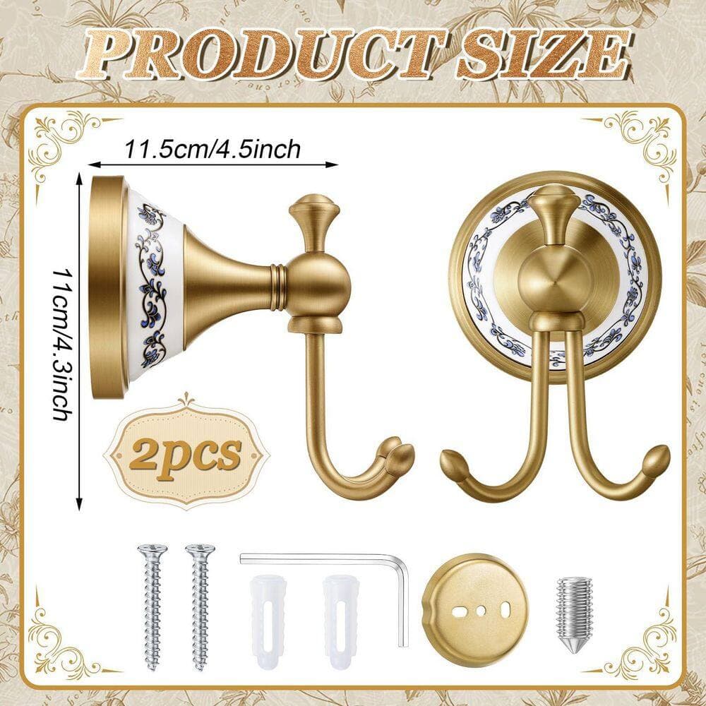 Unbranded Brass J-Hook Hook Type 2 Pack Antique Solid Brass and Ceramic Double Robe Hook Towel Hook Wall Mounted Screw in Mount (2)