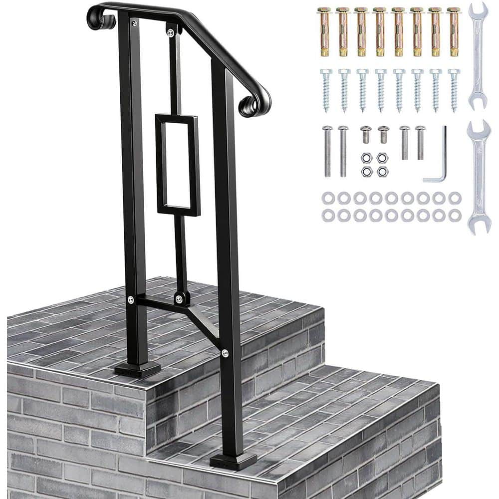 NVNOO Outdoor Handrails Heavy Duty Double Post Railing Fits 1-2 Steps with Installation Kit for Concrete Porch, Black (1-Pack) (1)