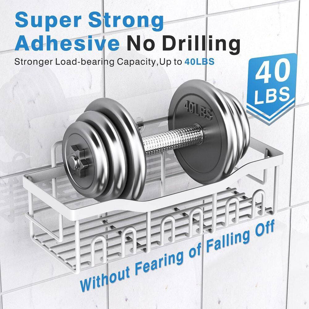 Wudkey 5-Pack Adhesive Shower Caddy in White, Rustproof Stainless Steel Bathroom Organizer, Wall Mounted Rack for Bathroom (3)