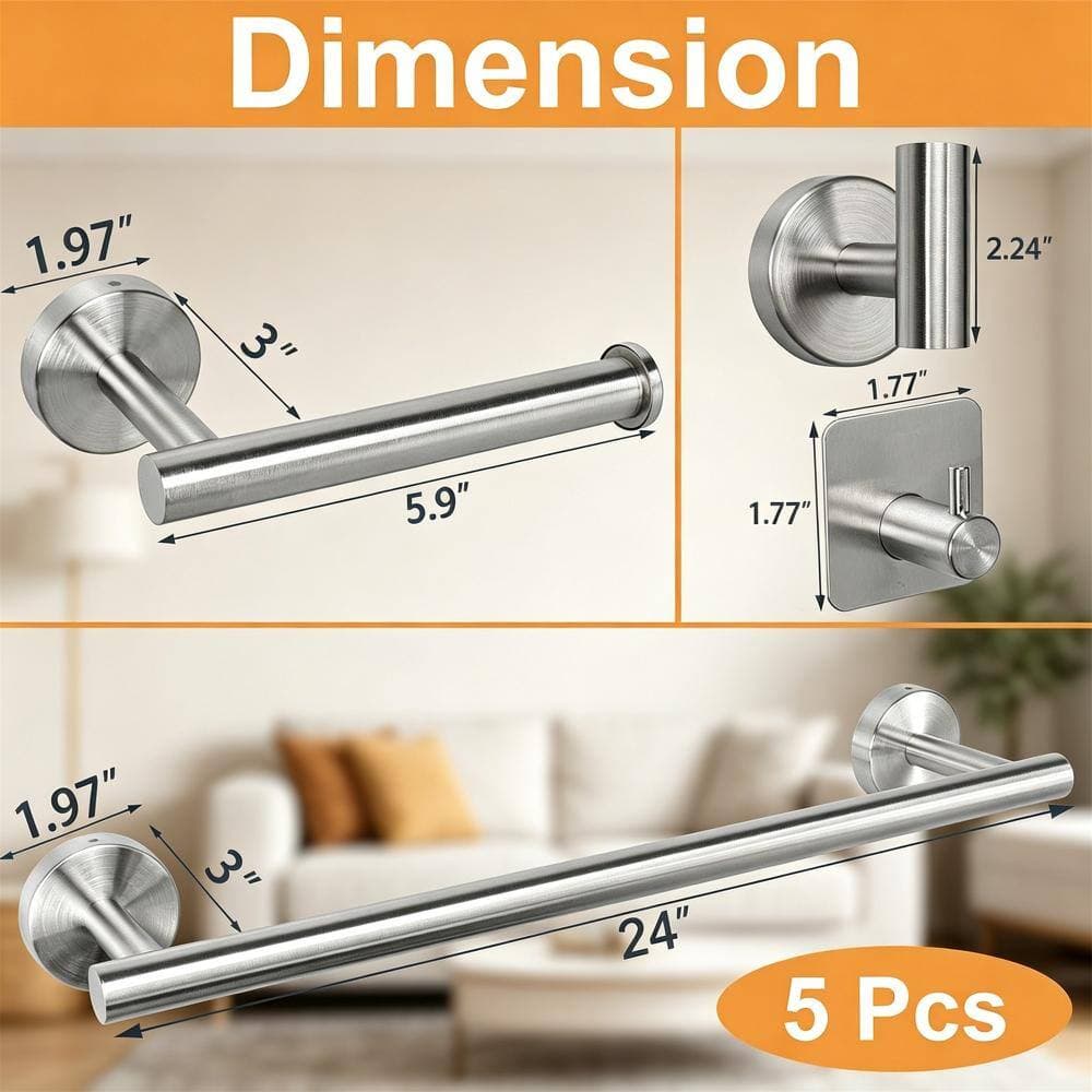 Whatseaso 5-Piece Bathroom Hardware Set with 24-inch Towel Bar, Holder and Hooks in Brushed Nickel (3)