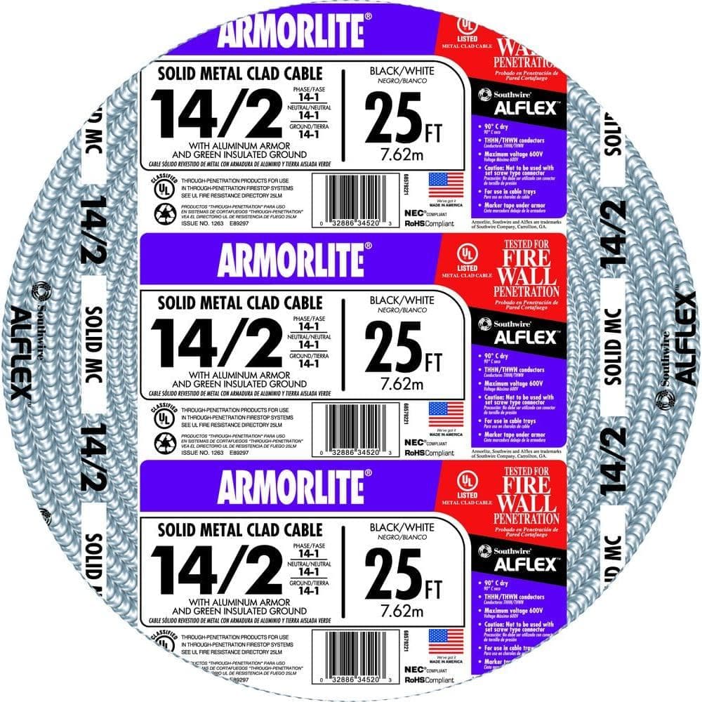 Southwire 14/2 Solid CU MC (Metal Clad) Armorlite Cable