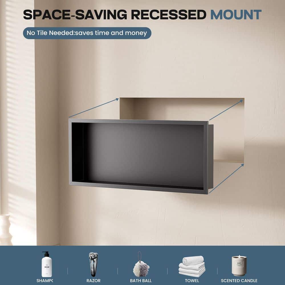 Unbranded 24 in. W x 12 in. H x 4 in. D Waterproof Recessed Shower Niche Space-Saving Storage Shelf in Matte Black, No Tile Needed (2)
