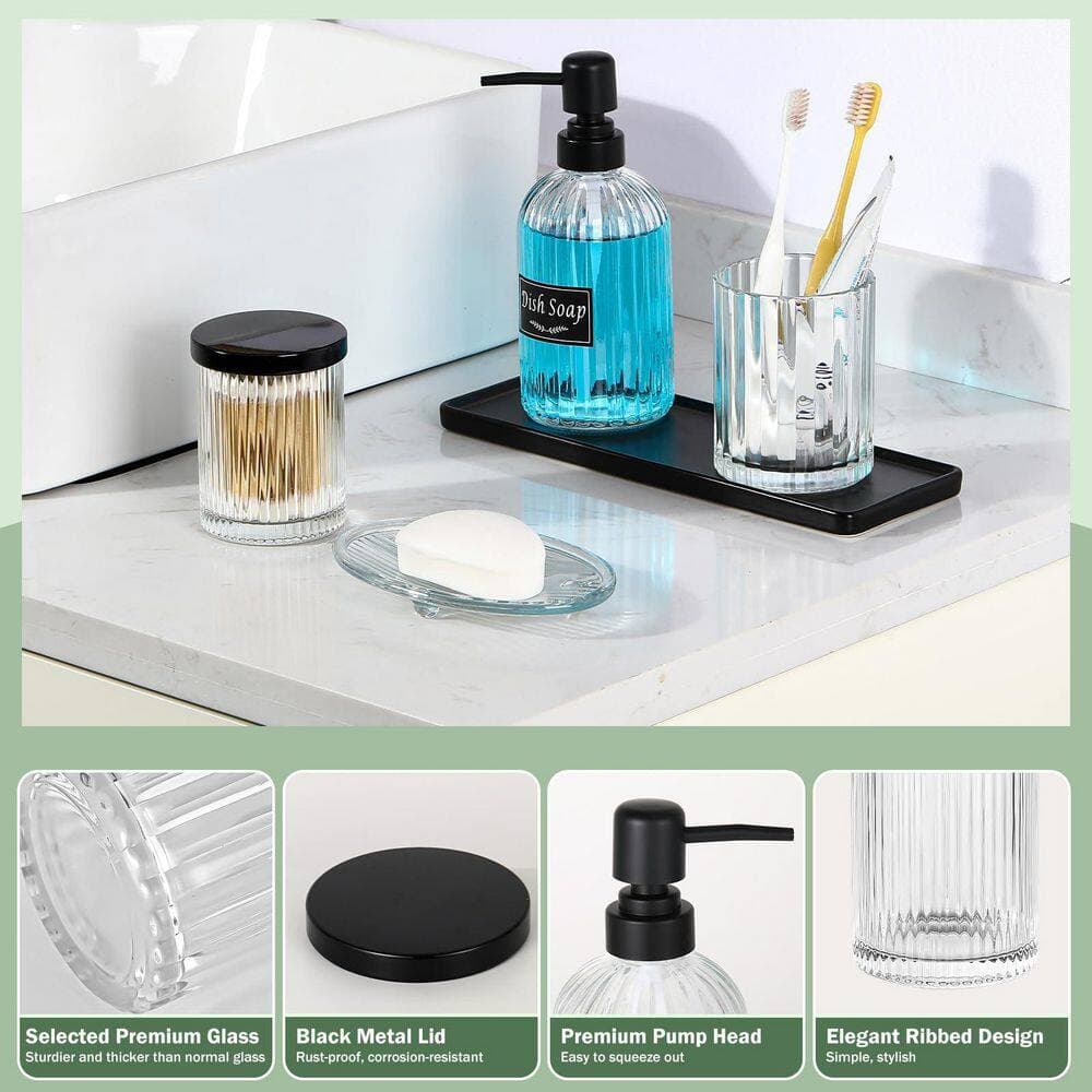 Wudkey 5-Piece Bath Accessory Set with Soap Dispenser, Toothbrush Holder, Q-Tips Holder, Soap Dish, Ceramic Tray in Black (3)